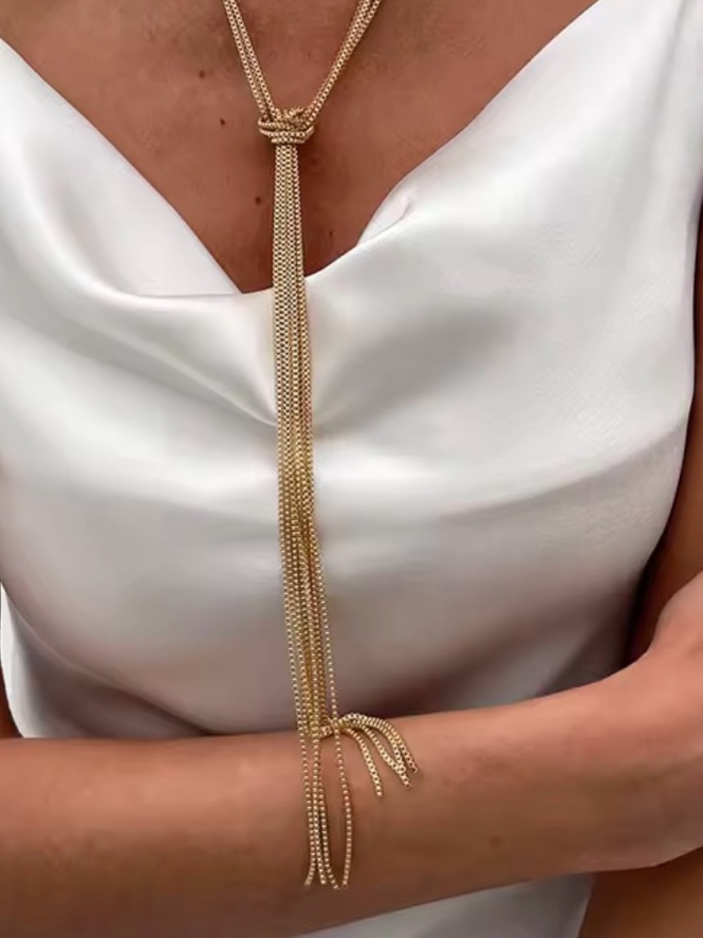 Anthropologie Gold Multi-Strand Knot Tassel Lariat Necklace